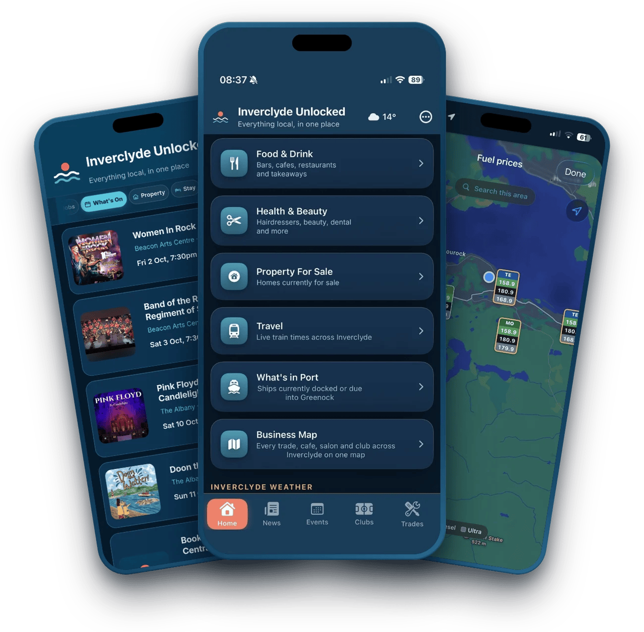Three phones showing the Inverclyde Unlocked app: what's on, the home screen and fuel prices