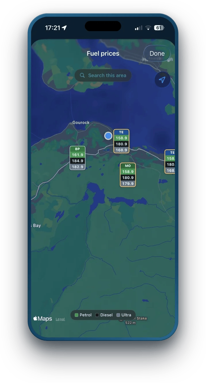 Fuel prices map in the Inverclyde Unlocked app