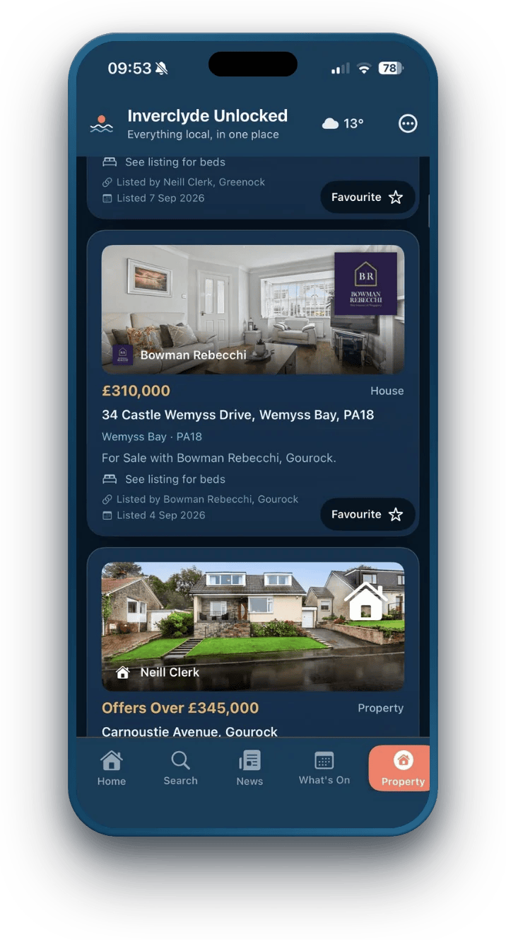 Property listings in the Inverclyde Unlocked app